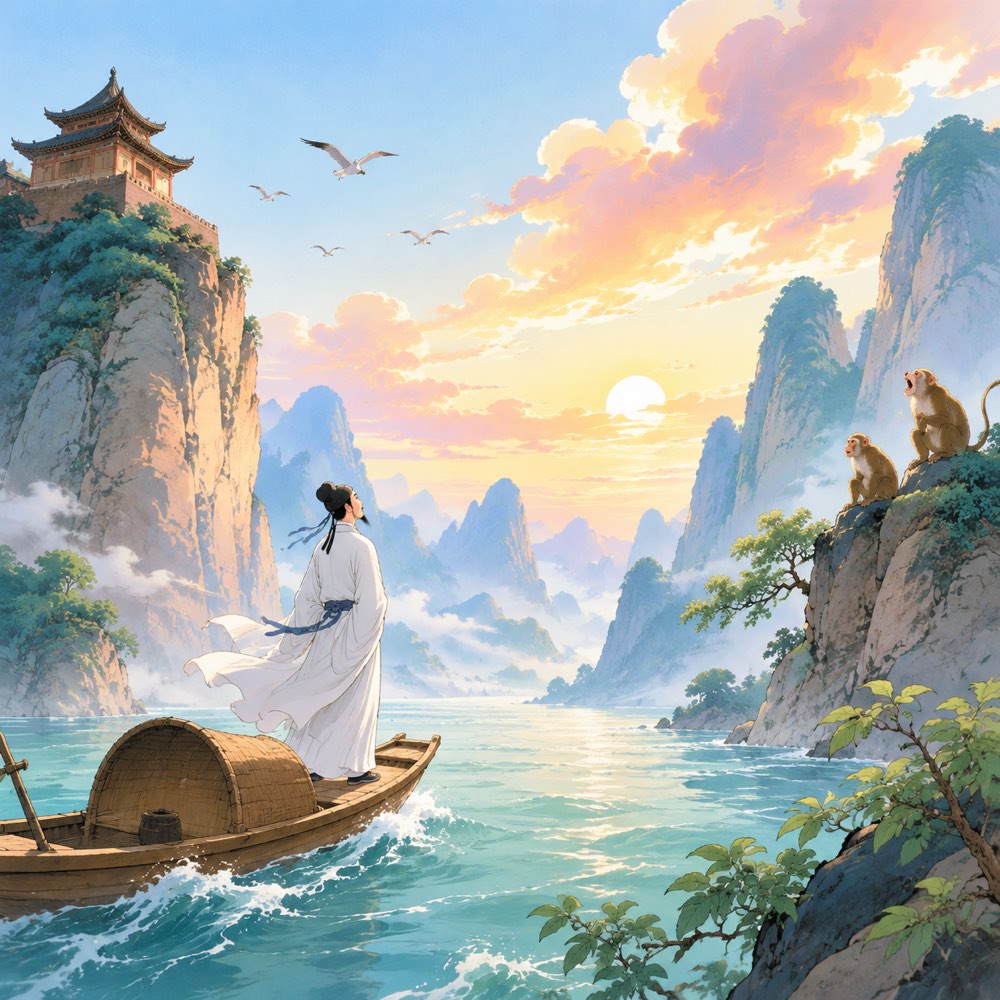 《早发白帝城》诗意配图