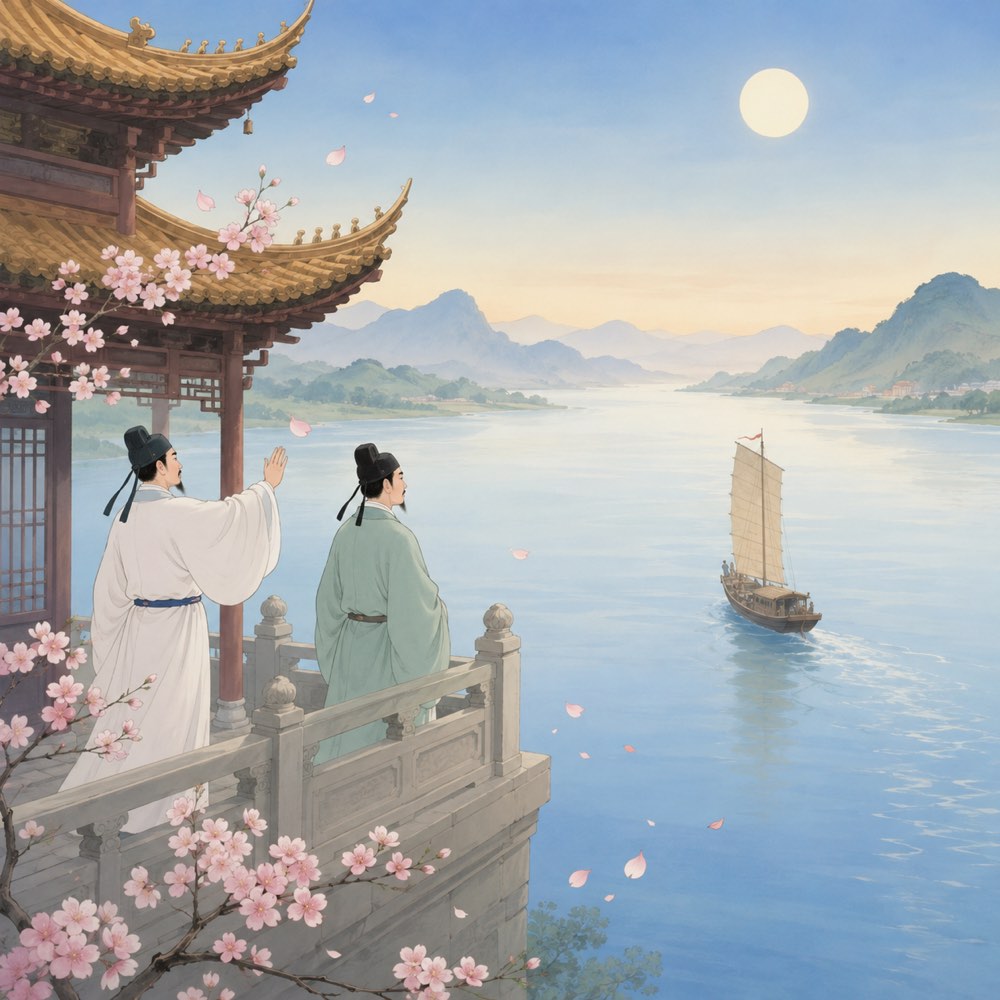 《黄鹤楼送孟浩然之广陵》诗意配图